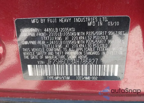 2010 Subaru Forester 2.5X Premium from USA, damaged, VIN JF2SH6CC3AH786827
